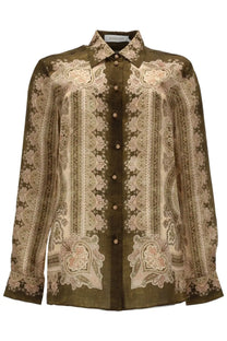 Zimmermann women’s camicia luna green olive green silk blouse with beige paisley pattern and classic collar with buttons