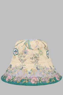 Zimmermann women’s cream bucket hat with pastel floral pattern and teal trim along the brim