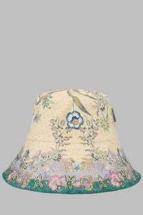 Zimmermann women’s cappello cream bucket hat with floral pattern in soft purples blues greens and teal brim trim