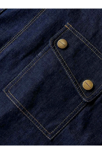 Zimmermann women’s cargo denim shirt blue featuring a dark blue denim pocket with brass buttons and contrasting stitching