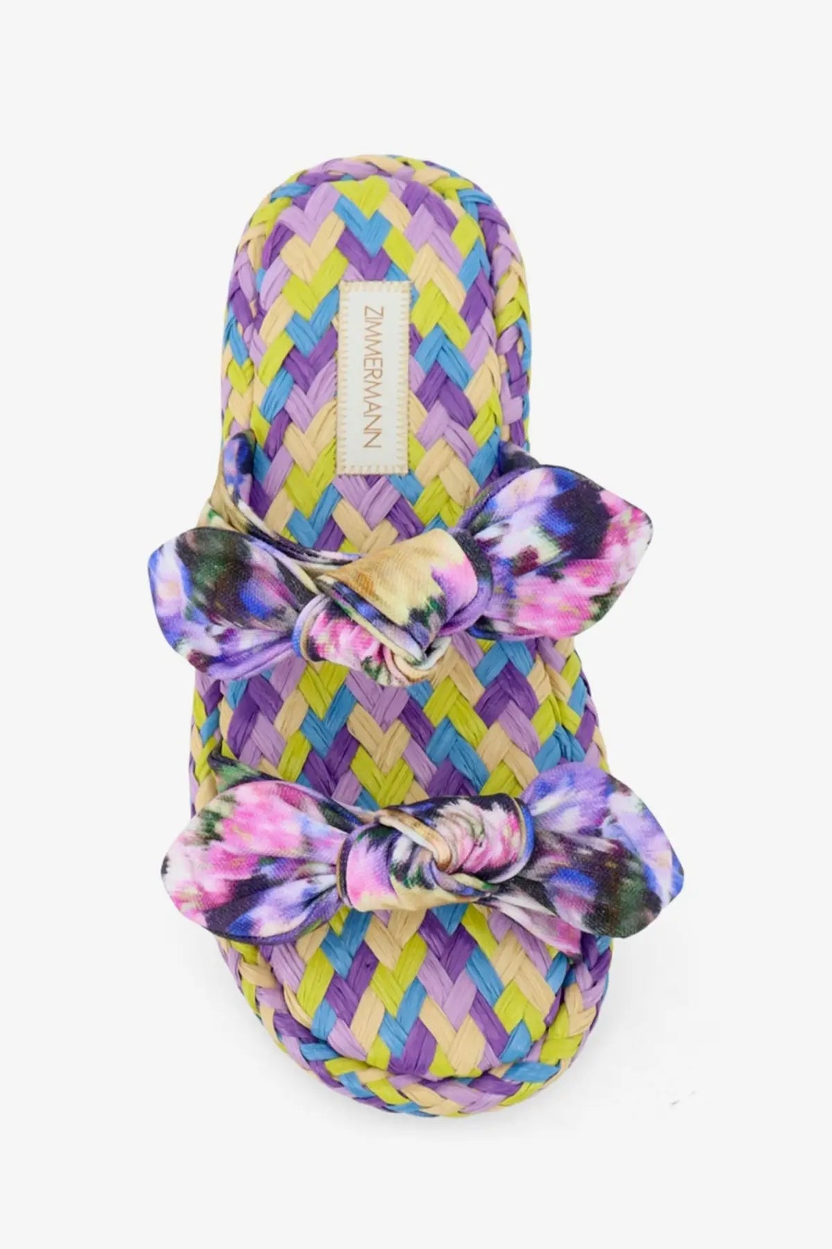 Zimmermann women’s carousel multicolored raffia slide sandal with vibrant woven design and two tie-dye fabric bows