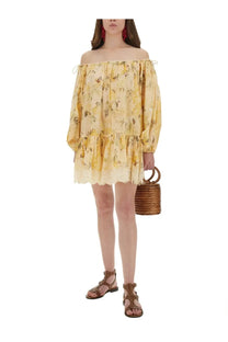 Zimmermann women’s cascadian yellow off-the-shoulder floral dress with ruffled sleeves and lace hem