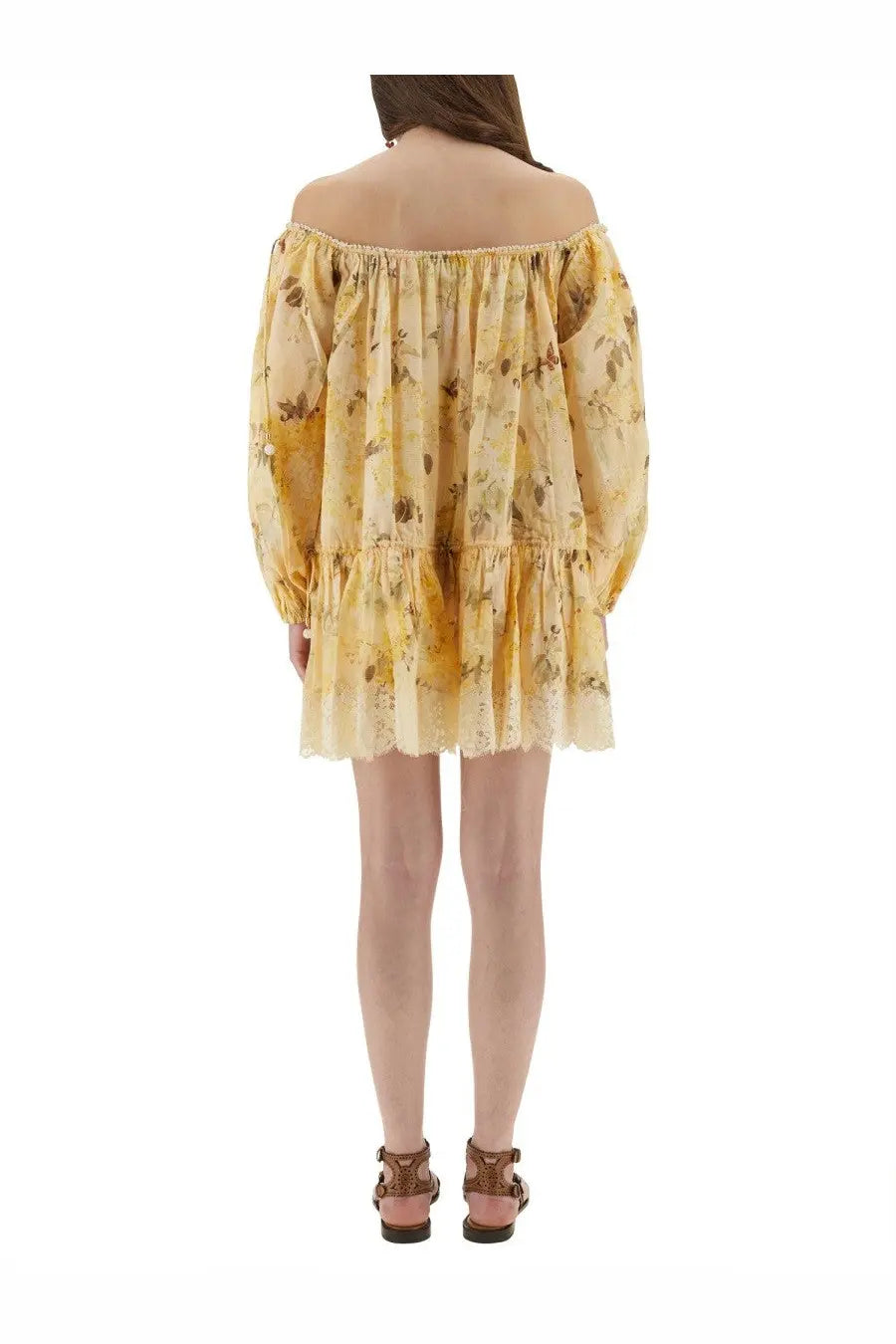 Yellow floral off-the-shoulder mini dress with ruffled sleeves and lace trim by Zimmermann women’s Cascadian short dress