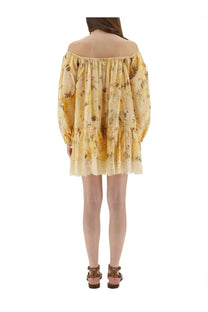 Yellow floral off-the-shoulder mini dress with ruffled sleeves and lace trim by Zimmermann women’s Cascadian short dress