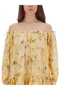 Zimmermann women’s yellow cascadian short dress with soft off-the-shoulder floral and butterfly print blouse detailing