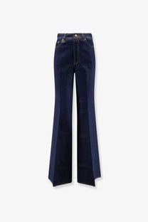 Zimmermann women’s dark indigo cotton denim flare jeans with gold tone hardware in blue color