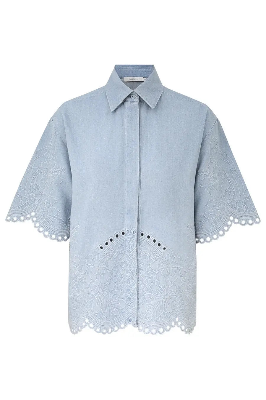 Zimmermann women’s denim shirt daylight blue in light blue cotton with delicate floral embroidery and scalloped edges