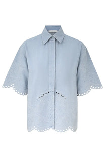 Zimmermann women’s denim shirt daylight blue in light blue cotton with delicate floral embroidery and scalloped edges