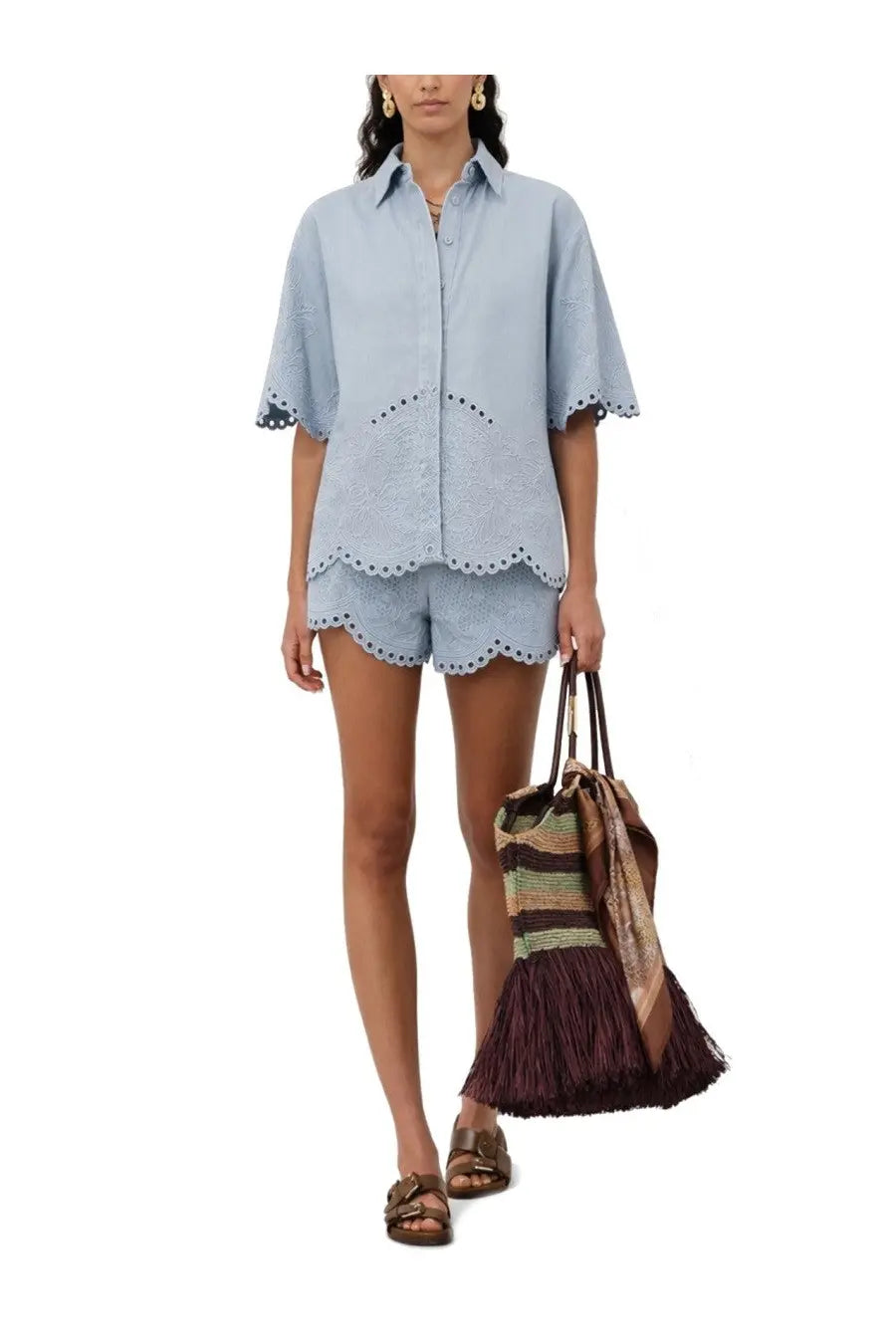 Zimmermann women’s denim shirt daylight blue in light blue embroidered cotton with scalloped hem and cuffs