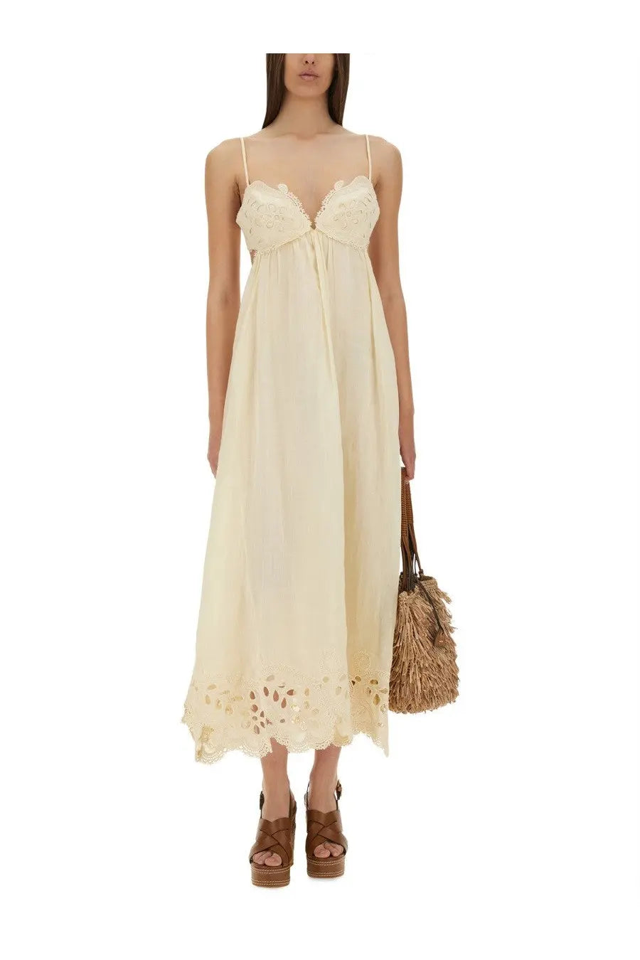 Zimmermann women’s embroidered cream maxi dress with lace bodice and scalloped hemline in coco white