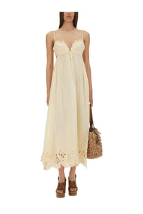 Zimmermann women’s embroidered cream maxi dress with lace bodice and scalloped hemline in coco white