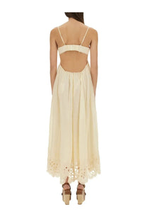 Cream-colored Zimmermann women’s embroidered maxi dress with lace trim hem and backless design with thin straps