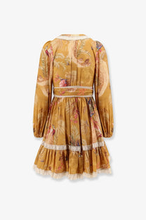 Zimmermann women’s frill cotton short dress yellow with golden-yellow floral print, long sleeves, lace trim, and fitted waistband