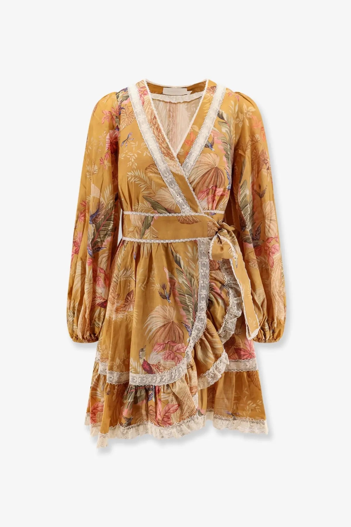 Zimmermann women’s frill cotton short dress in golden yellow with tropical floral pattern and lace trim details