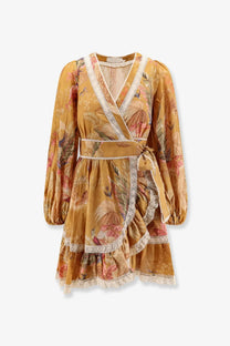 Zimmermann women’s frill cotton short dress in golden yellow with tropical floral pattern and lace trim details