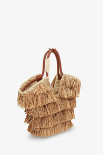 Zimmermann women’s golden time crossbody bag white with beige fringed straw tote design brown leather handles cream accent