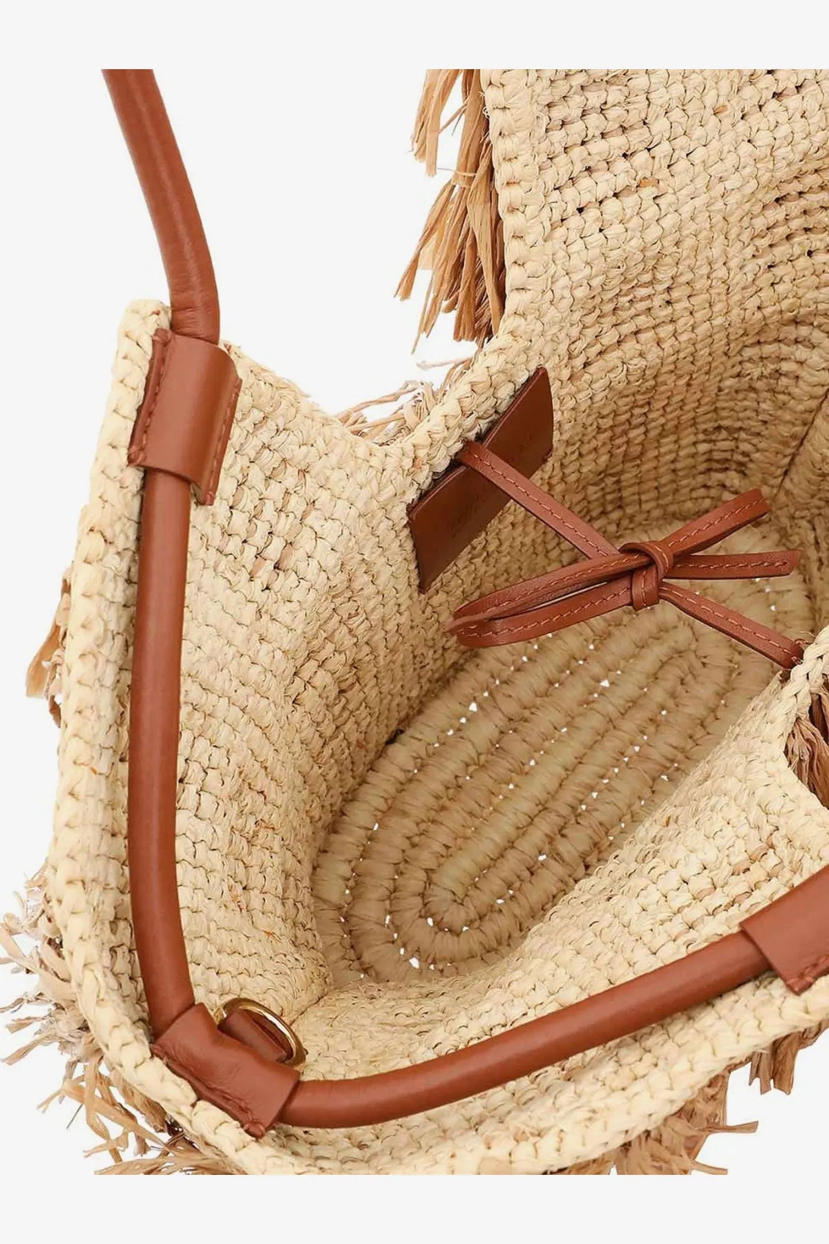 Zimmermann women’s golden time crossbody bag in white with beige woven straw texture brown leather handles and fringe detailing