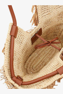 Zimmermann women’s golden time crossbody bag in white with beige woven straw texture brown leather handles and fringe detailing