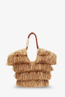 Zimmermann women’s golden time crossbody bag white tan layered fringed straw tote with brown leather handle and metallic accent
