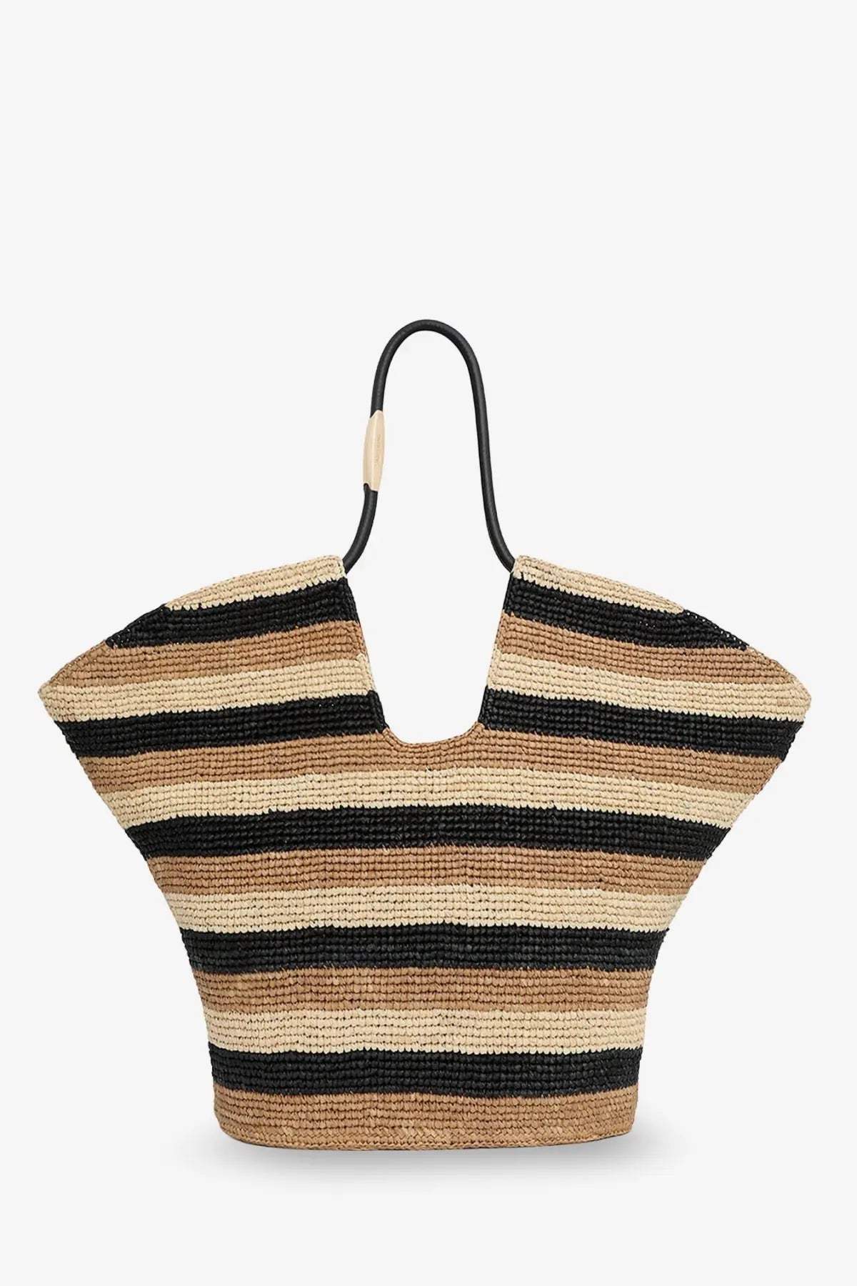 Zimmermann women’s golden time raffia shoulder bag black woven straw tote with black beige and tan horizontal stripes