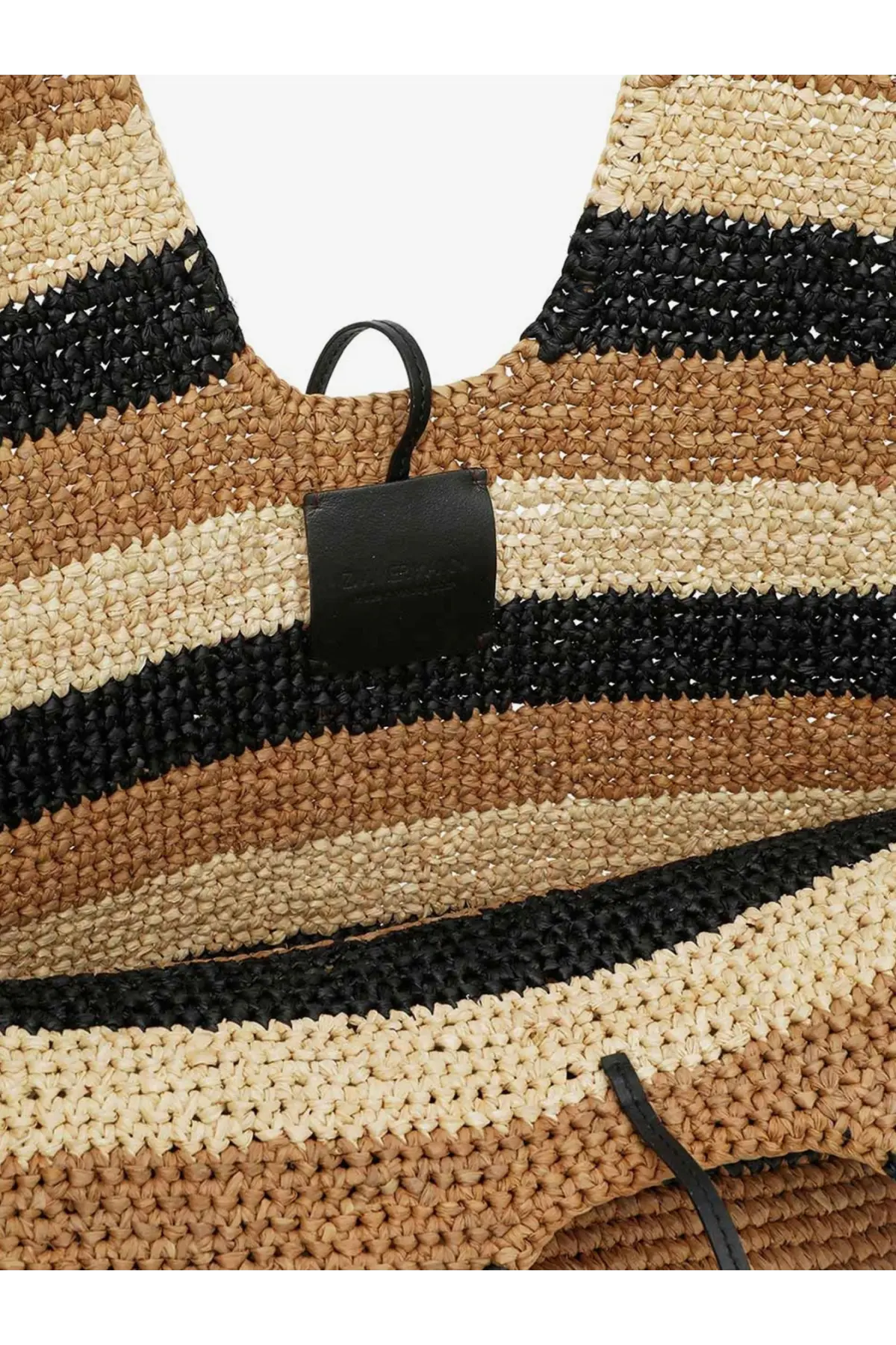 Zimmermann women’s golden time raffia shoulder bag in woven straw with black beige and tan horizontal stripes