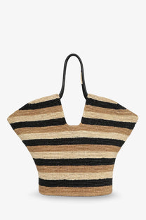 Zimmermann women’s golden time raffia shoulder bag in black with woven straw and bold black beige tan stripes and leather handle
