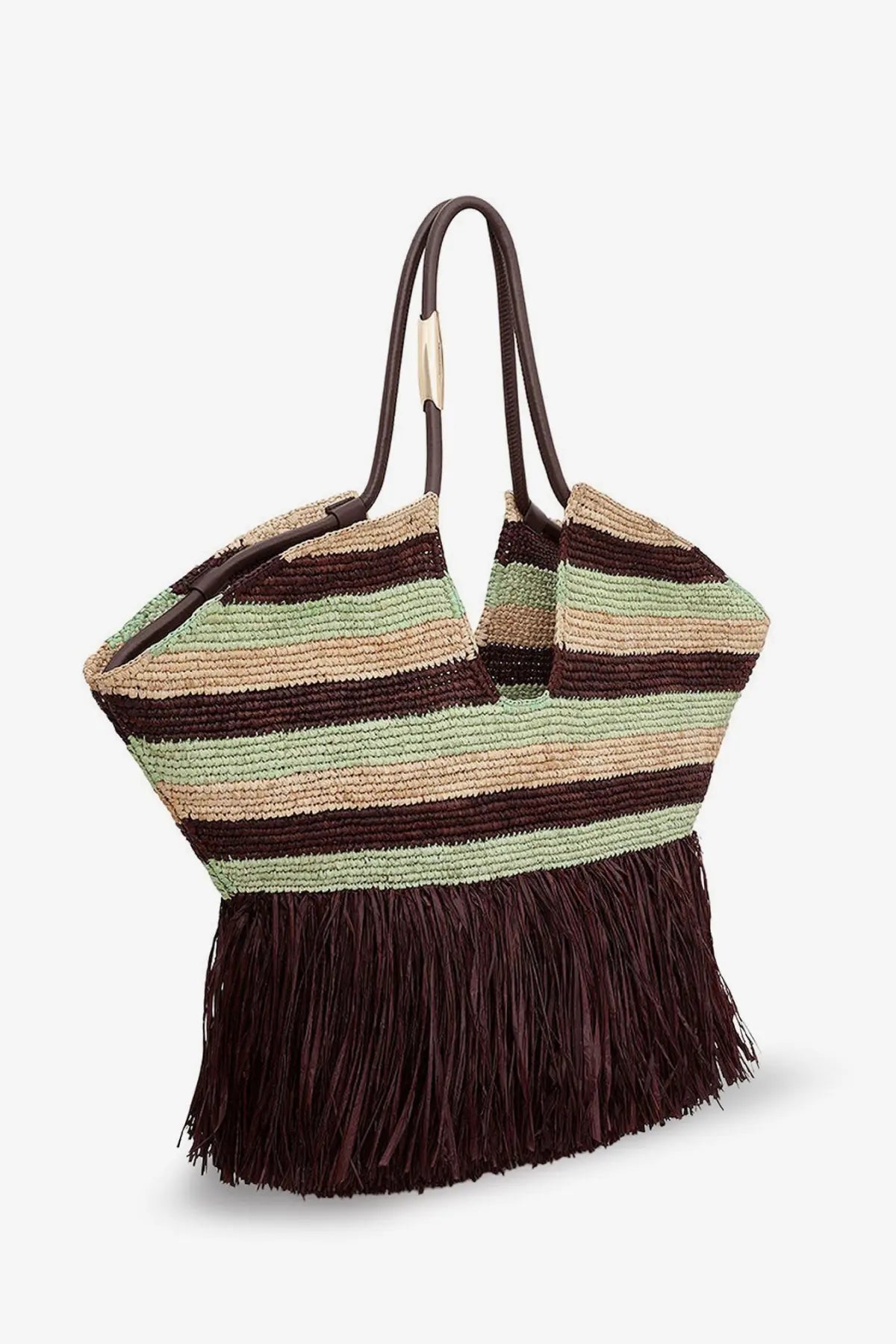 Zimmermann women’s golden time rafia shoulder bag bronze woven tote with green brown beige stripes and dark brown fringe
