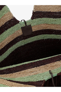 Zimmermann women’s golden time woven rafia shoulder bag bronze with green brown and beige horizontal stripes