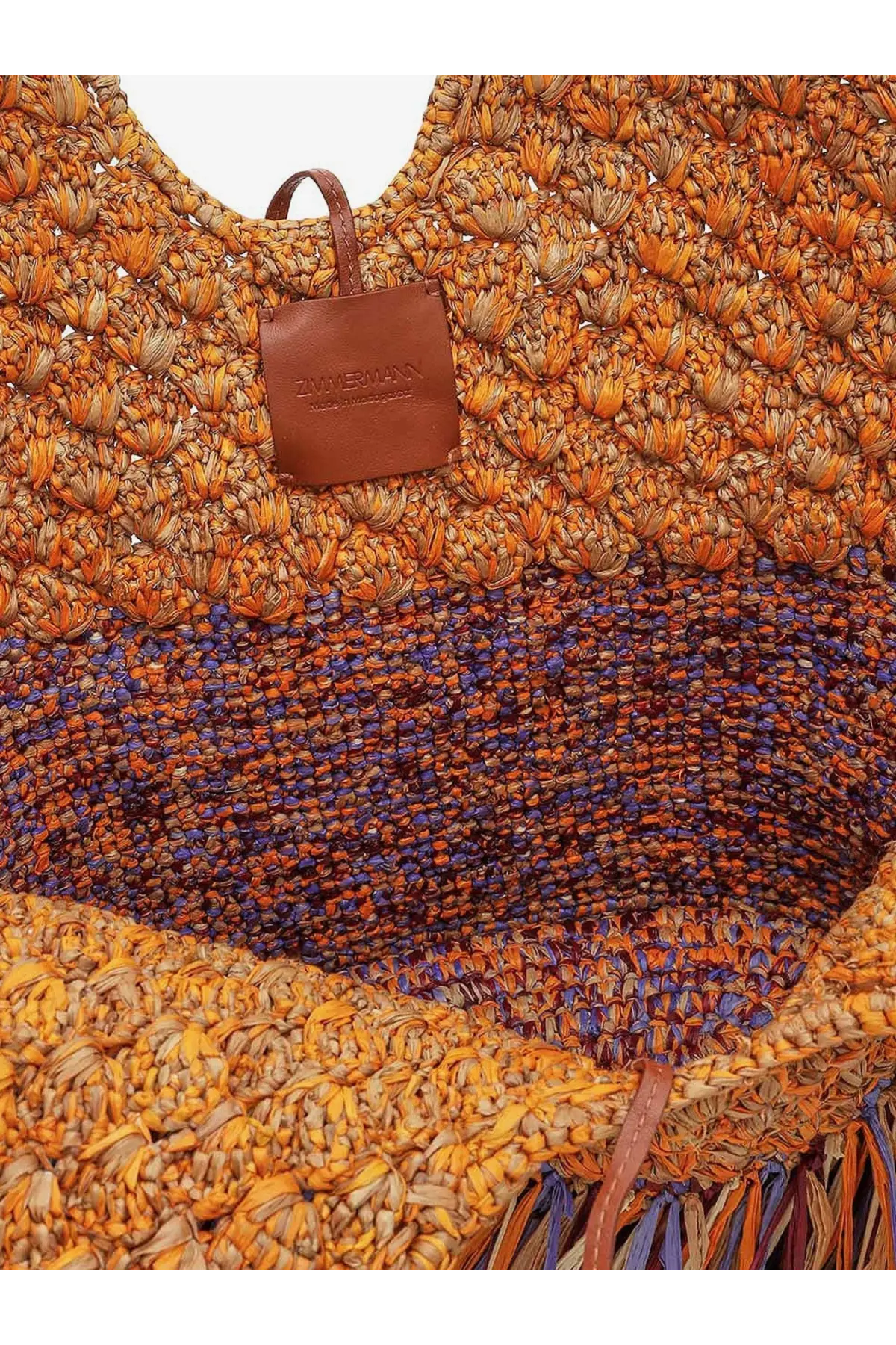 Zimmermann women’s golden time rafia shoulder bag brown woven straw tote with orange and purple textured pattern