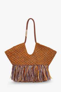Zimmermann women’s golden time brown raffia shoulder bag with tan straw weave curved leather handle and colorful fringe trim
