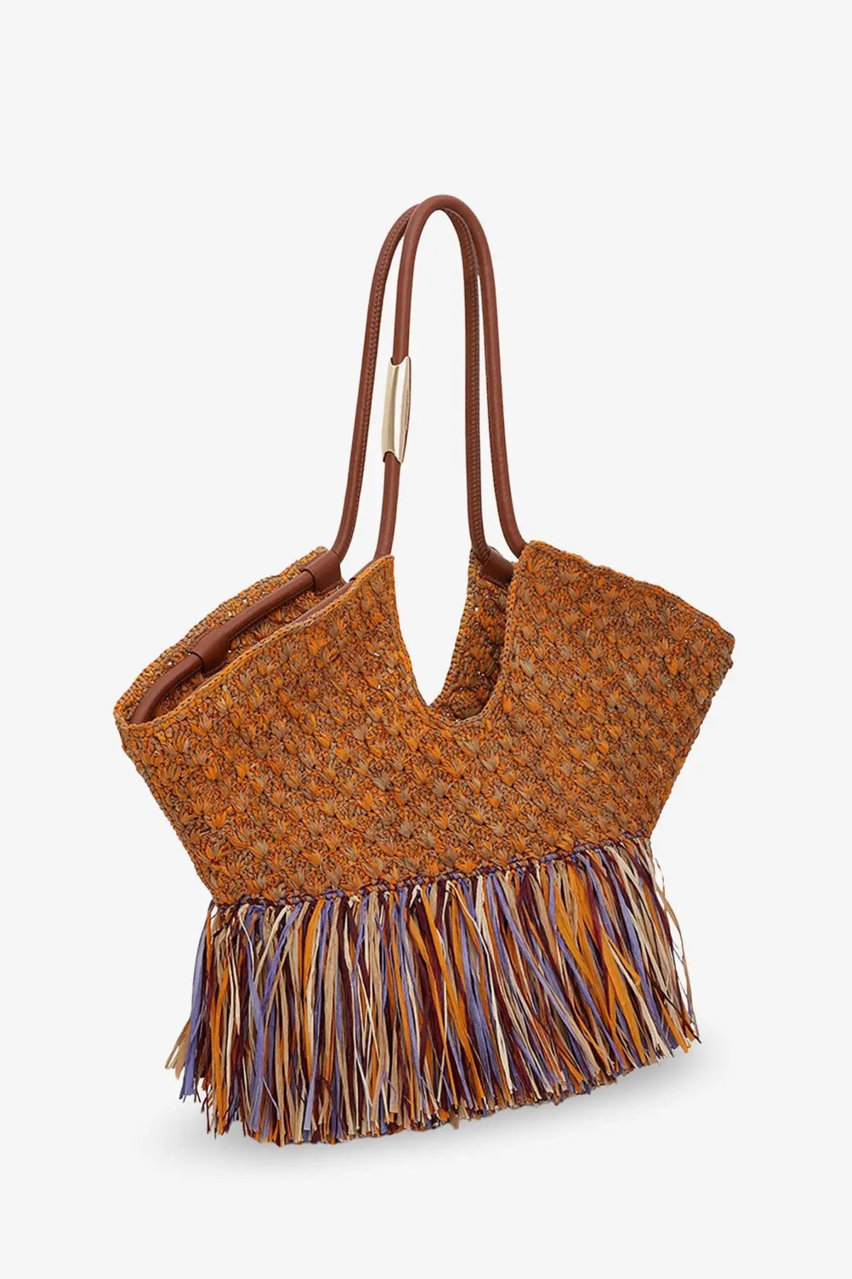 Zimmermann women’s golden time tan woven straw tote bag with brown leather handles and colorful fringe trim