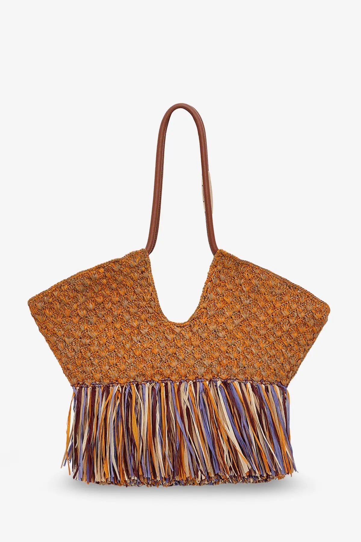 Zimmermann women’s golden time raffia shoulder bag is a tan woven straw tote with colorful fringe and brown leather handles