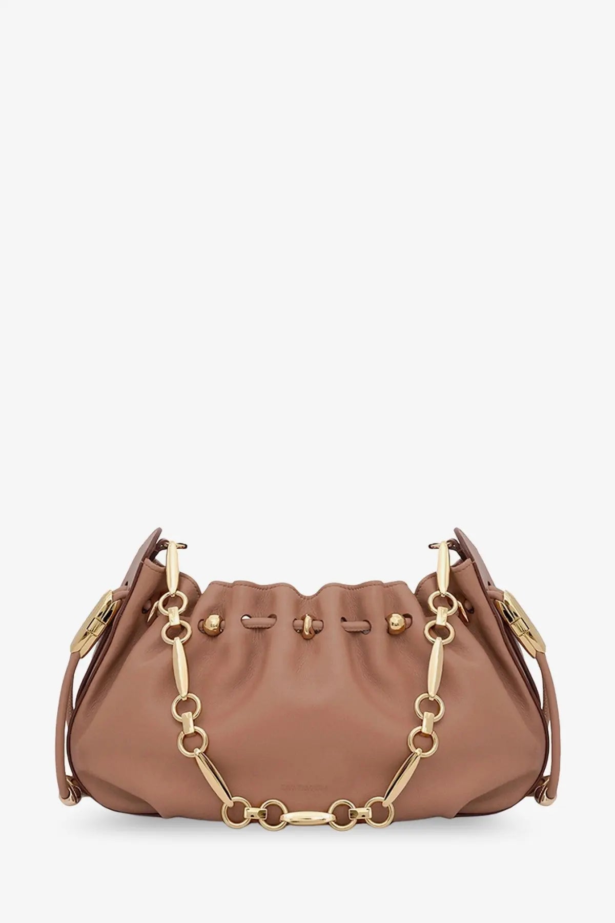 Zimmermann women’s halcyon taupe leather clutch bag with structured design and gold-tone chain strap and hardware