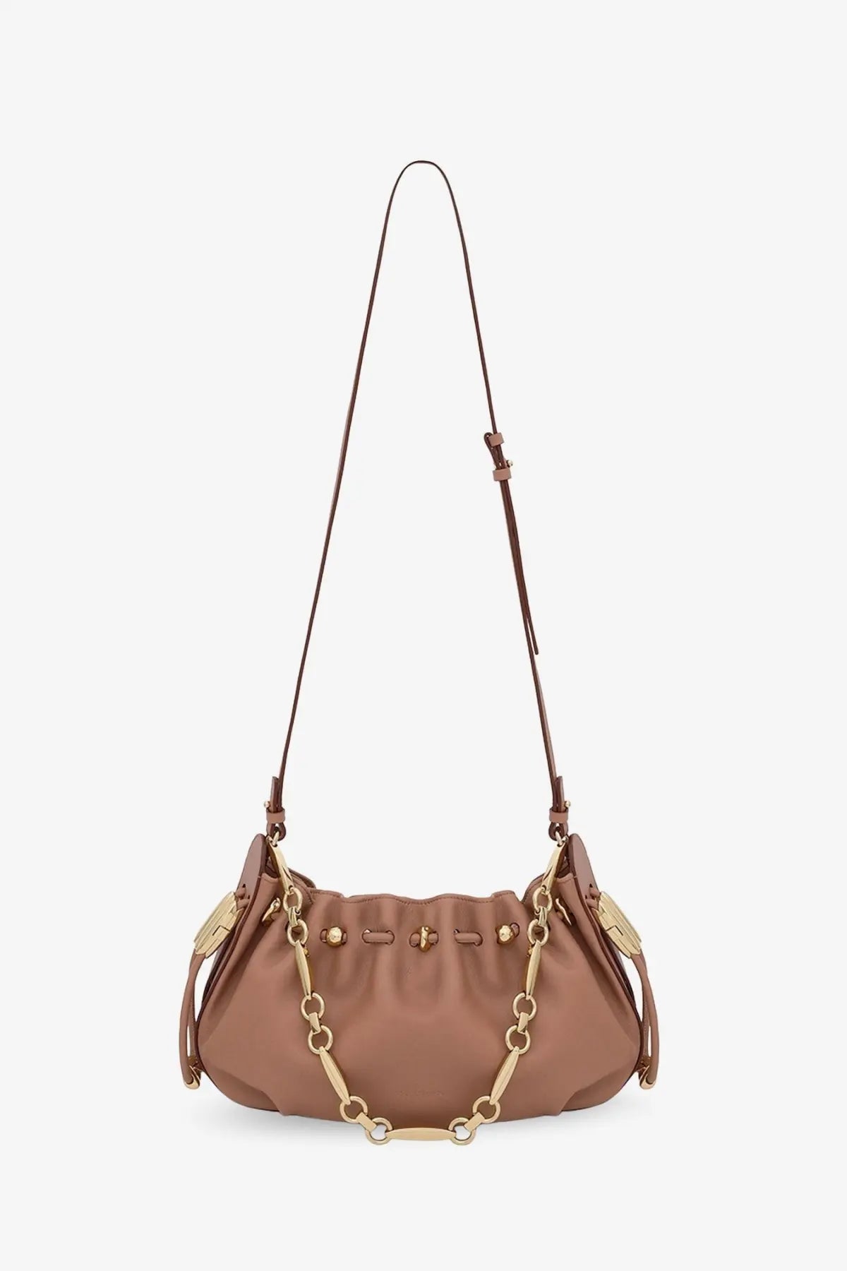 Zimmermann women’s halcyon taupe leather crossbody bag with gold-tone chain strap and decorative metal accents