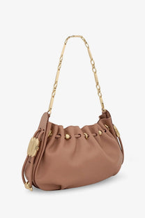 Zimmermann women’s halcyon leather clutch beige taupe hobo bag with gold tone chain strap and metallic hardware accents