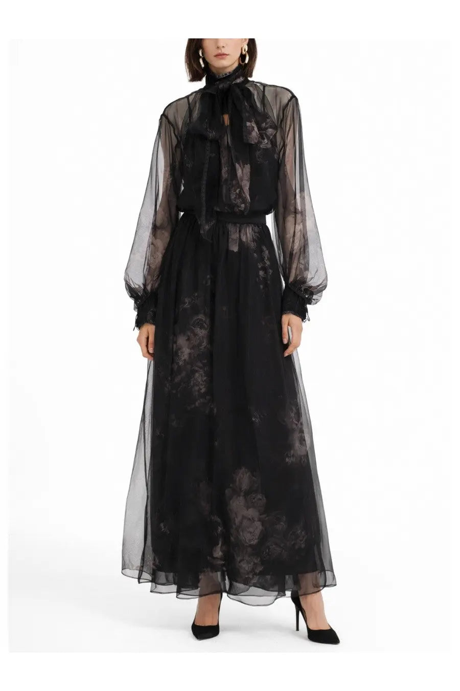 Zimmermann women’s hypnotic maxi skirt black in elegant black floral lace with sheer long sleeves and high neck bow