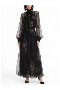 Zimmermann women’s hypnotic maxi skirt black in elegant black floral lace with sheer long sleeves and high neck bow