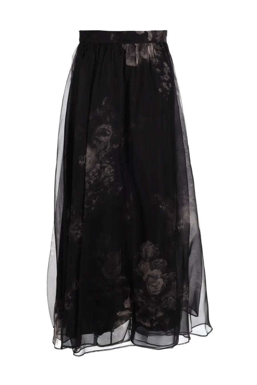 Zimmermann women’s hypnotic black floral print maxi skirt with sheer overlay and elastic waistband