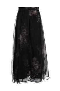 Zimmermann women’s hypnotic black floral print maxi skirt with sheer overlay and elastic waistband