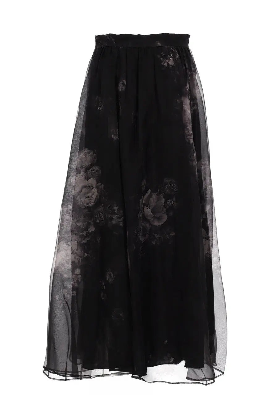 Zimmermann women’s hypnotic maxi skirt in black features a floral print sheer overlay and elastic waistband