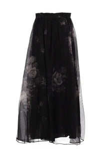 Zimmermann women’s hypnotic maxi skirt in black features a floral print sheer overlay and elastic waistband