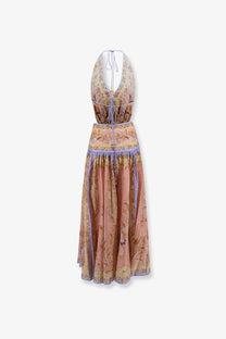 Zimmermann women’s indra halter neck maxi dress in peach and lavender floral cotton and silk blend