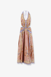 Zimmermann women’s Indra cotton and silk long peach maxi dress with floral pattern, lavender trim, halter neckline, and gathered waist