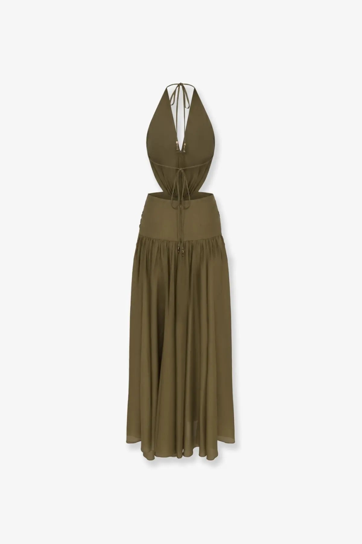 Zimmermann women’s indra silk dress in olive green features a halter neck with fitted waist and flowing maxi skirt