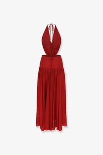 Zimmermann women’s Indra silk dress red flowing halter neck maxi with cut-out back and drawstring waist shown from back