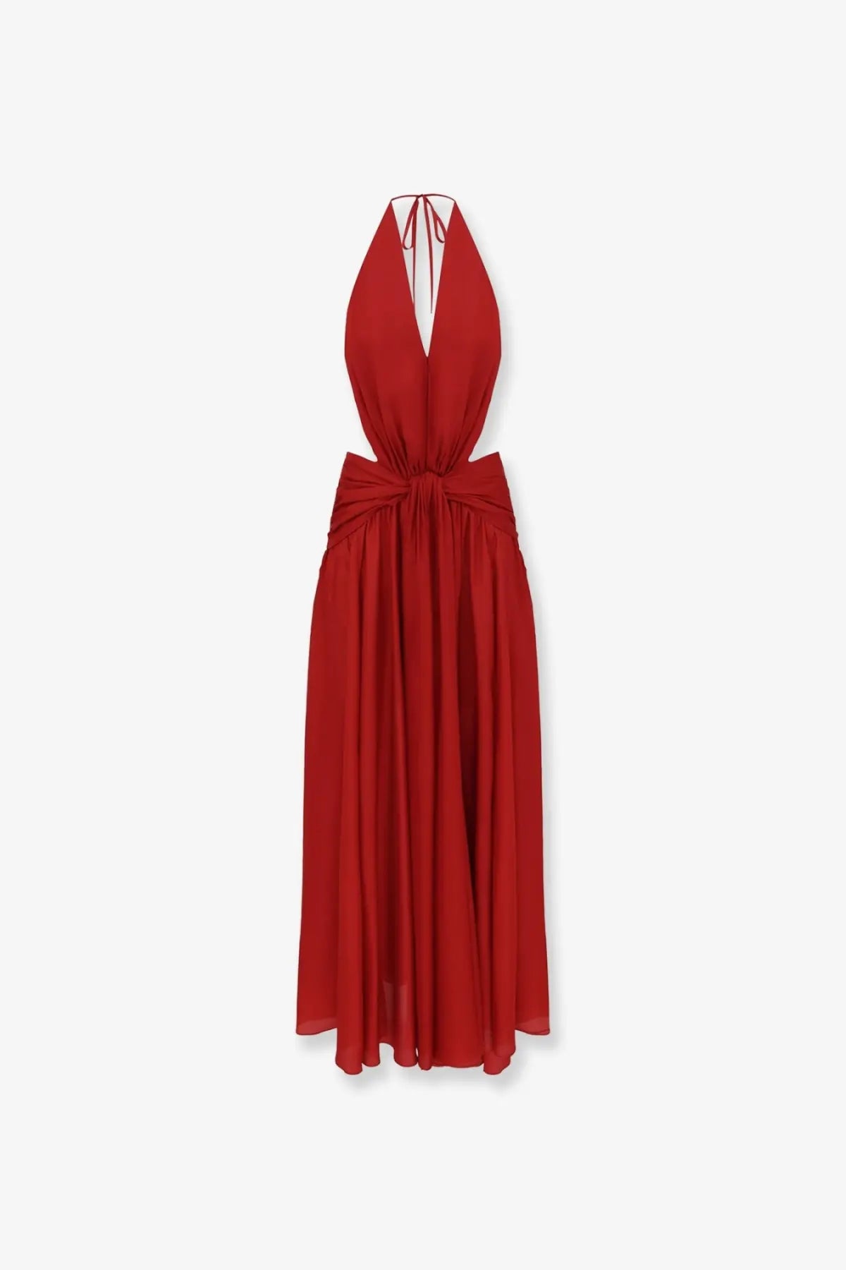 Zimmermann women’s indra silk dress red flowing halter-neck maxi with deep v-back and cinched waist tied in fabric back view