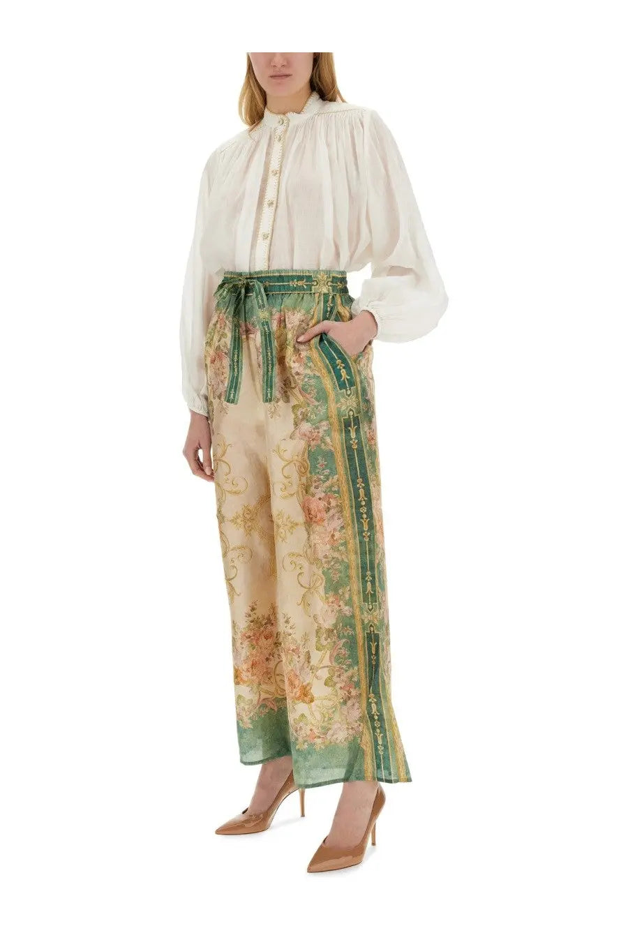 Zimmermann women’s junie billow shirt white paired with beige and green floral print wide-leg trousers with matching belt