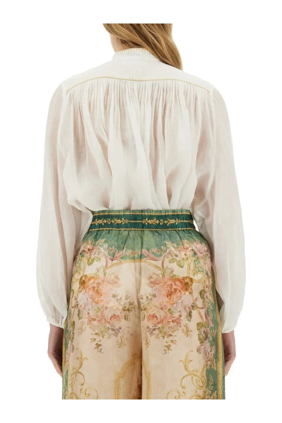 Zimmermann women’s Junie Billow ivory blouse with long sleeves gathered back and gold embroidery along neckline