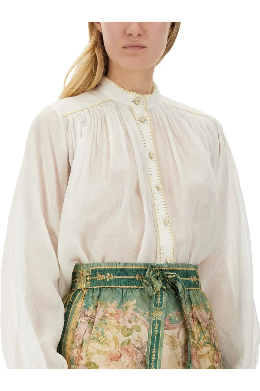 Zimmermann women’s Junie billow shirt white delicate ivory blouse with high collar pleating and gold-toned buttons