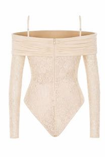 Zimmermann women’s lace bodysuit rebellion white cream-colored with off-the-shoulder design and long sleeves